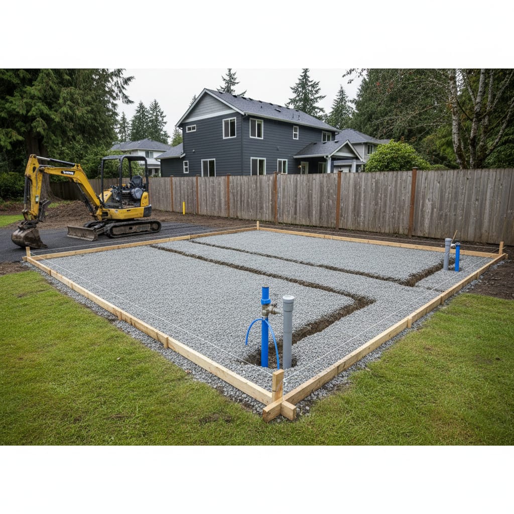 Prepared gravel pad with formwork and utility stubs for an ADU behind a house