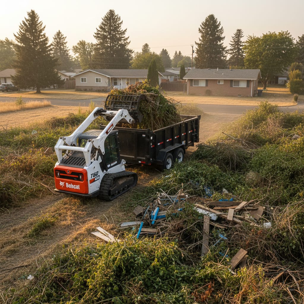 Compact track loader loading brush and debris into a dump trailer on an overgrown lot