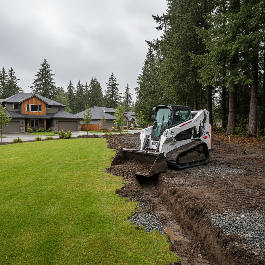 Compact track loader digging a drainage trench along the edge of a residential lawn