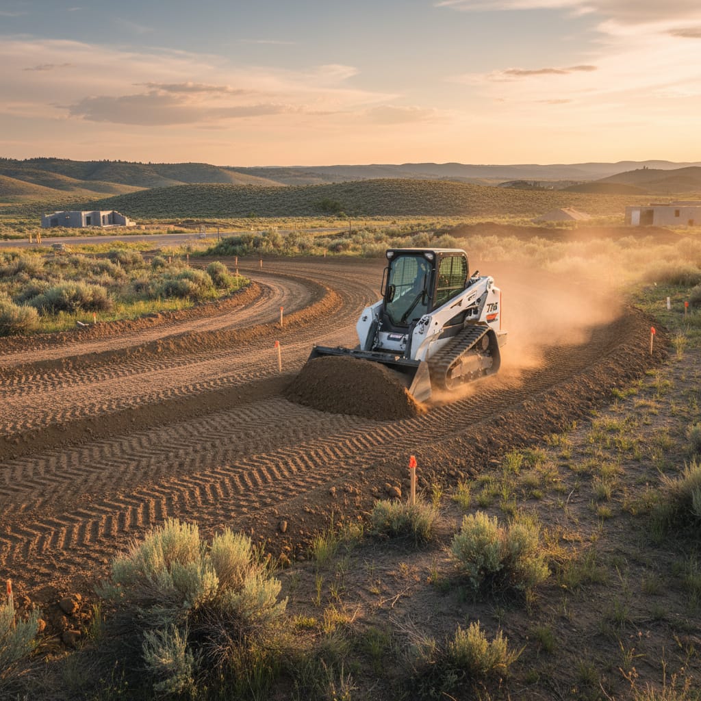 Compact track loader cutting a dirt road through open hills at sunset
