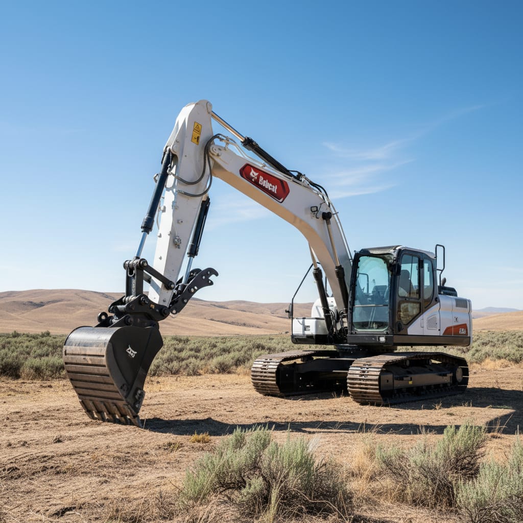 Excavator parked on open ground in the hills