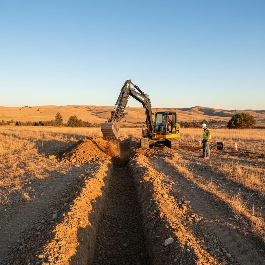 Excavator digging a long utility trench across open grassland at sunset