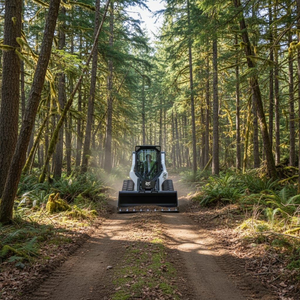 Compact track loader clearing a dirt access road through a stand of evergreen trees