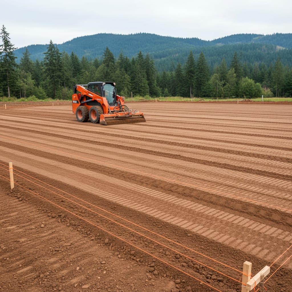 Compact track loader leveling a large field with forested hills behind