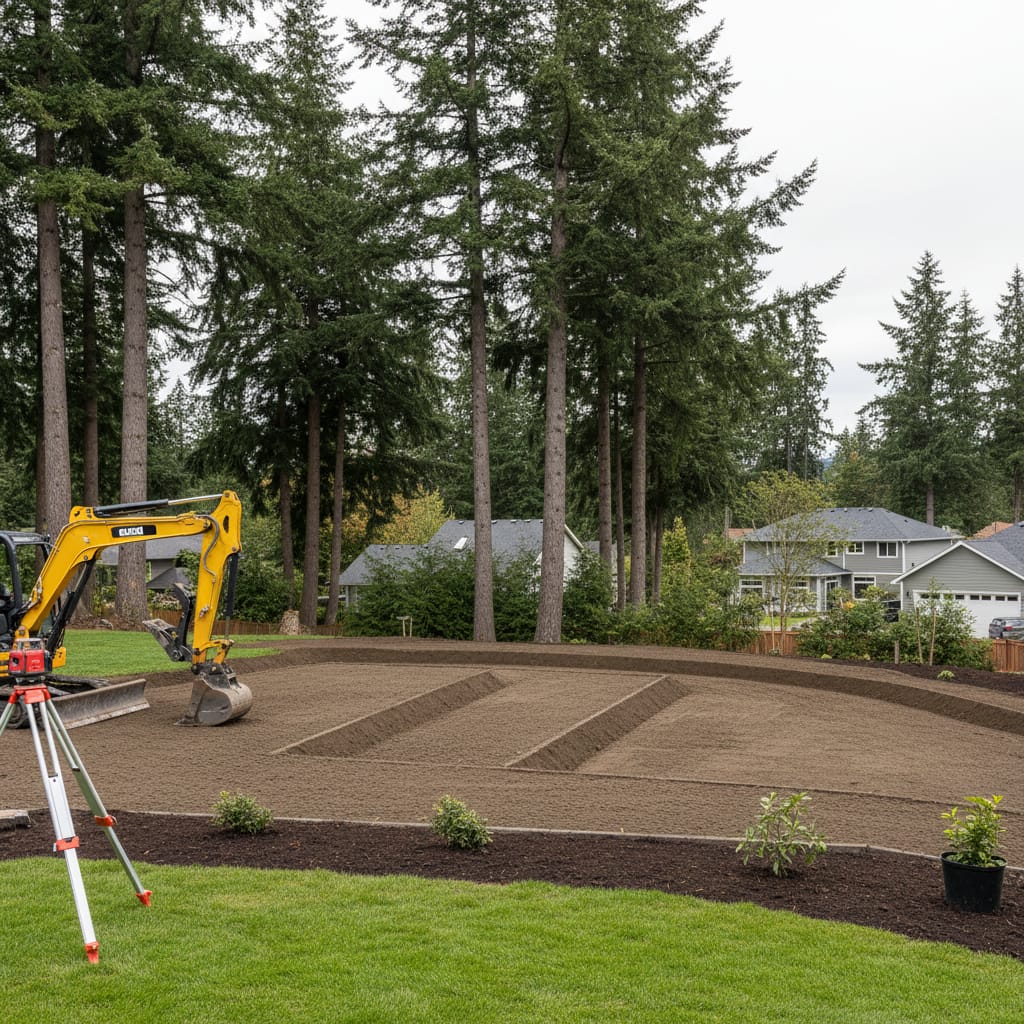Mini excavator finish grading a backyard with a survey level set up beside it