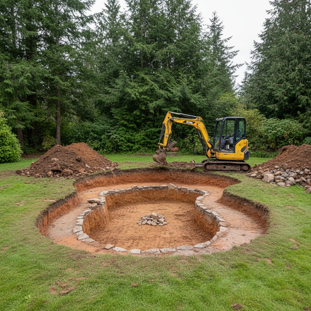 Mini excavator finishing a curved pond excavation in a green backyard