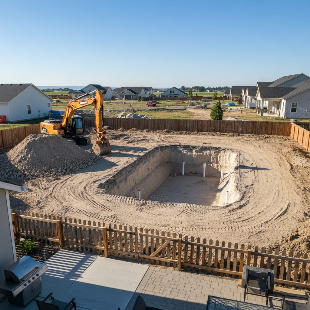 Excavator shaping a rectangular pool excavation in a fenced residential backyard