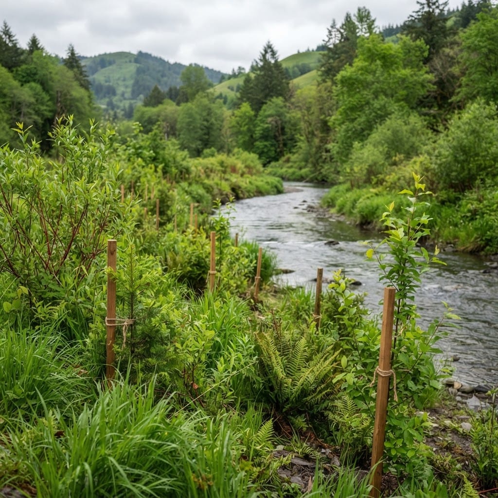 Young riparian plantings with tree guards along a creek bank
