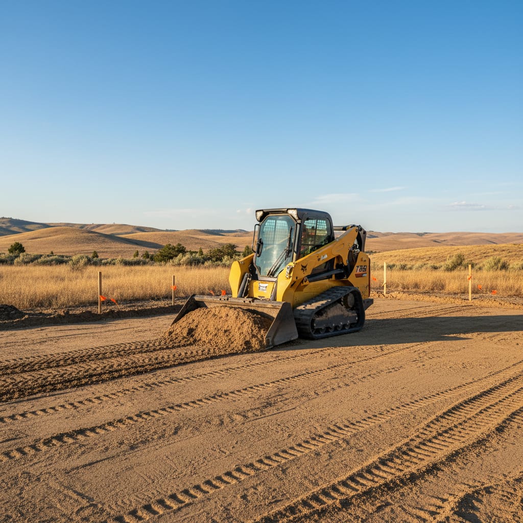 Compact track loader leveling a large residential lot to an even grade