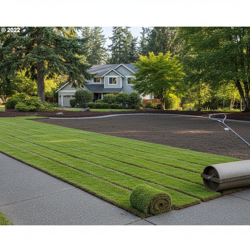 Fresh sod rolls laid on a graded yard in front of a home