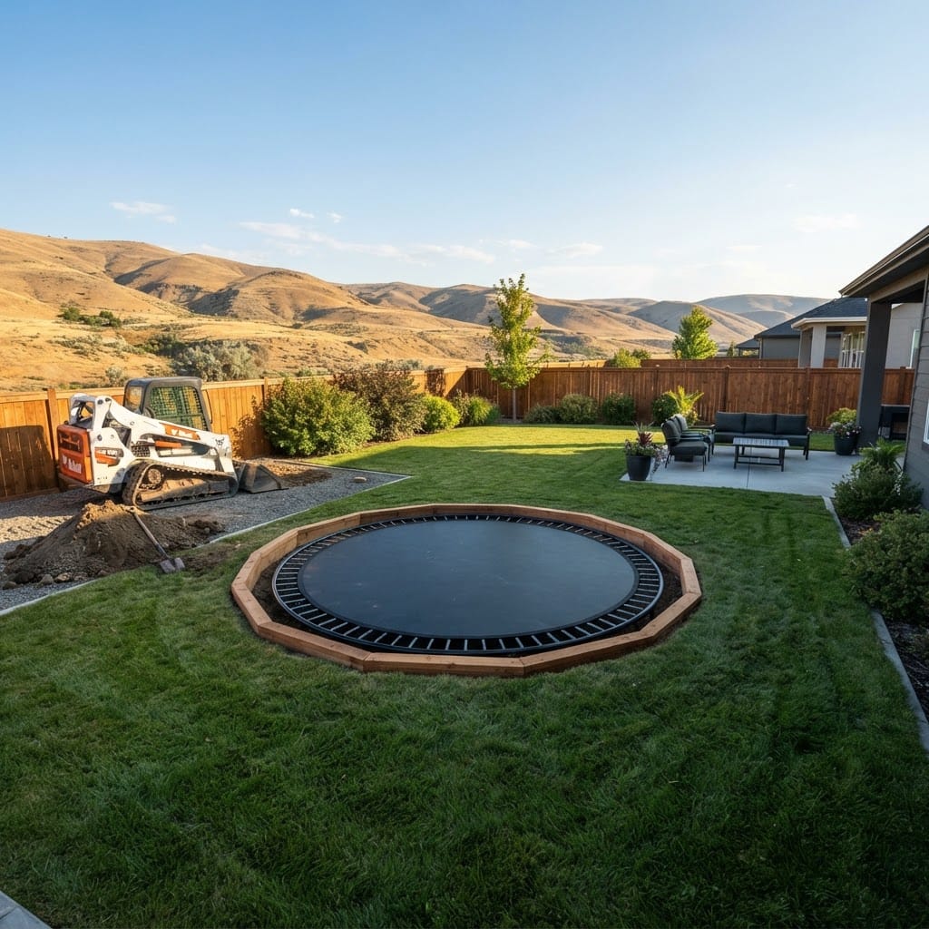 In-ground trampoline installed flush with a backyard lawn