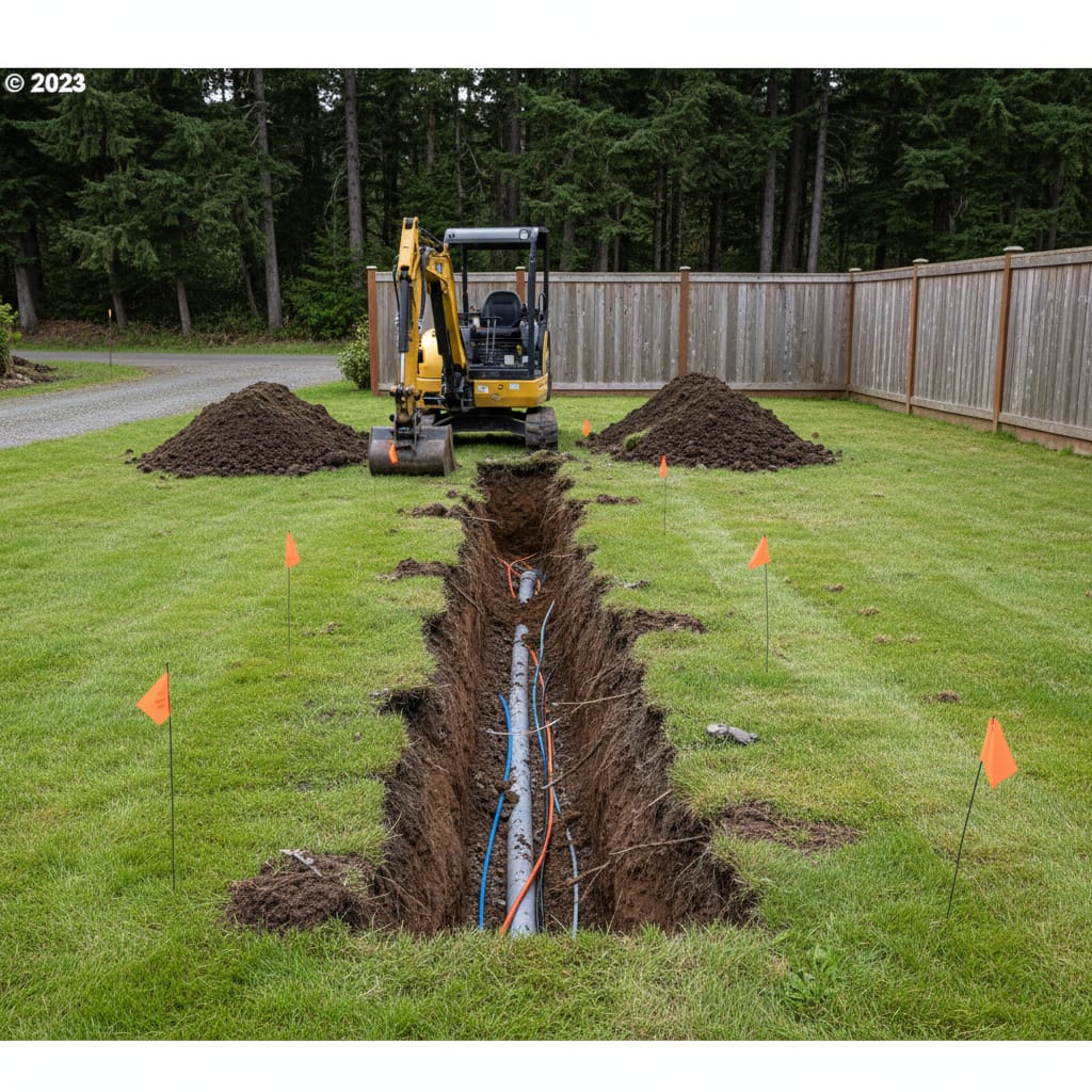 Mini excavator digging a utility trench across a fenced lawn with conduit laid in the trench