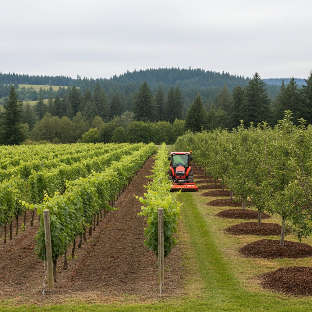Compact tractor working between rows of grapevines and fruit trees